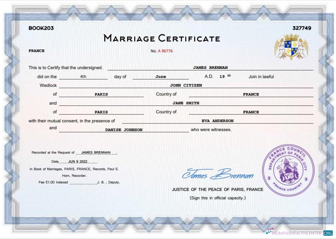 Download France marriage certificate Word and PDF template Photoshop template